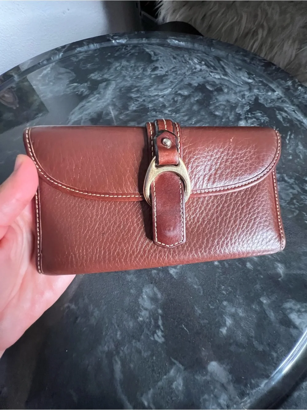 Dooney & Bourke Brown Pebbled Leather Buckle Wallet